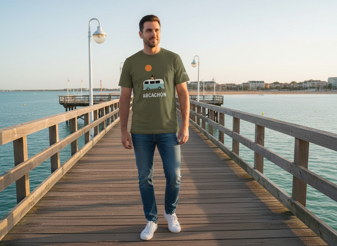 T-shirt Van Life Arcachon – Coton Bio Unisexe Kaki | Bassin Forever