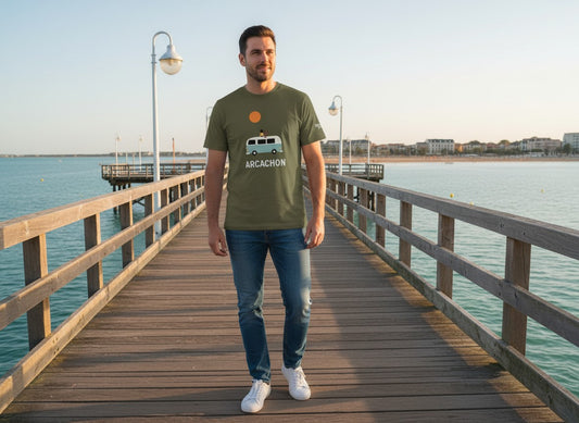 T-shirt Van Life Arcachon – Coton Bio Unisexe Kaki | Bassin Forever